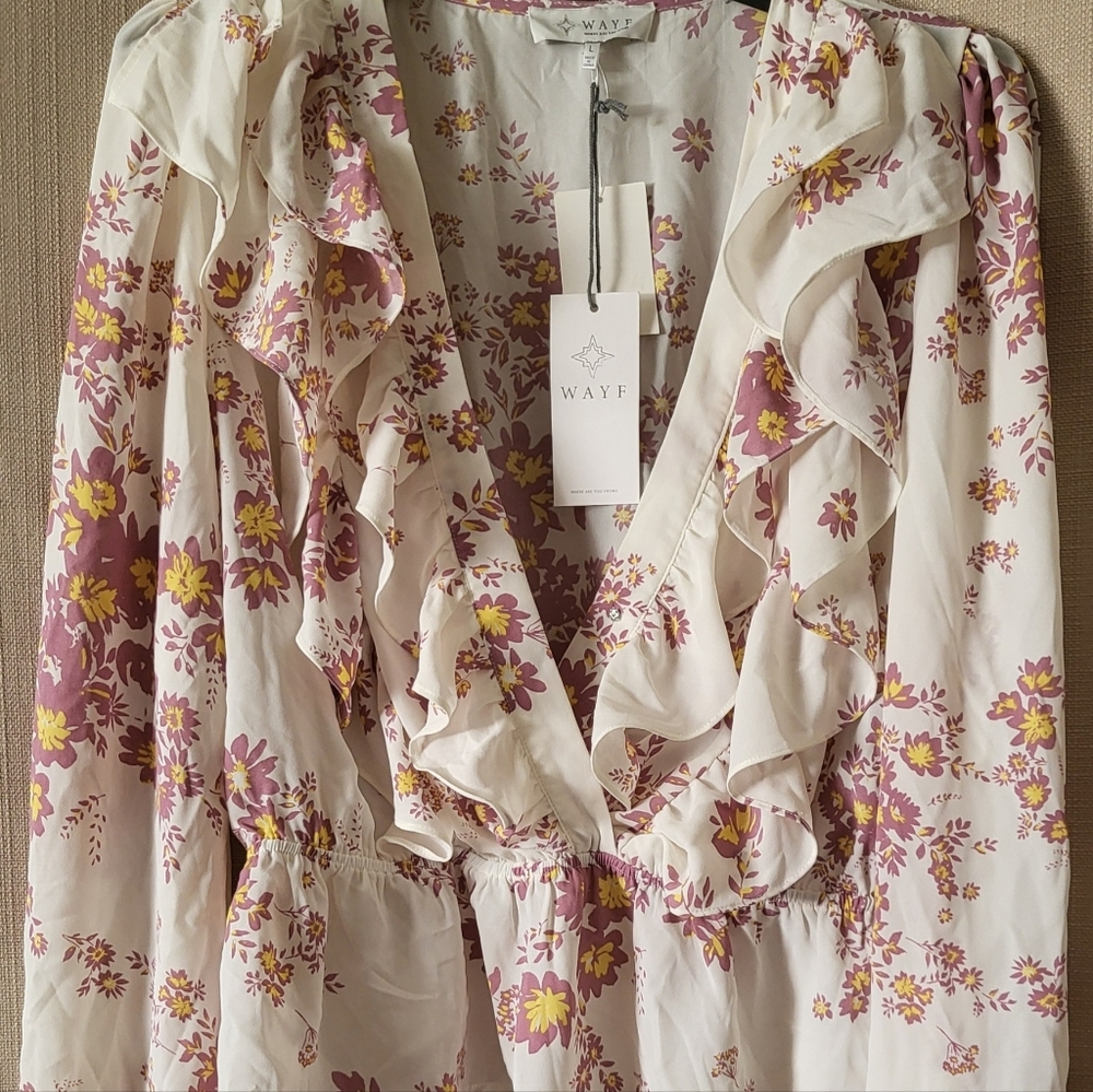 WAYF Floral Ruffle Blouse - Cream and Purple